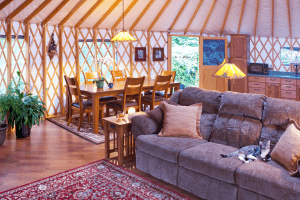 Inside living room area in pacific yurt